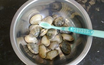 Soak the clams in salt water overnight, rinse with clean water, and then clean the shell with a toothbrush.
