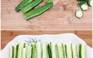 Wash the okra, remove the head and tail, cut it in the middle, and place it on a plate.