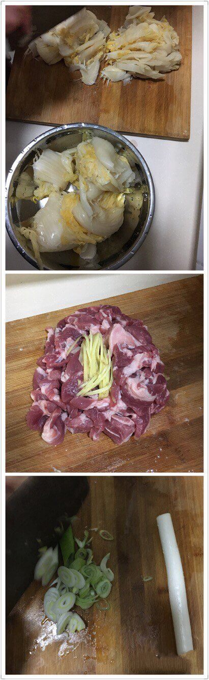 Sauerkraut is removed from the tank and washed in cold water until the washed water is clear and cut into strips.