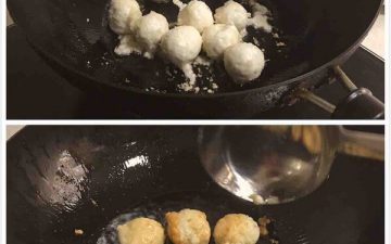 Pot into the right amount of oil, oil heat, the fire to small fire, and then put yuanxiao, yuanxiao do not all pour, Fried in batches. Flip them as you fry them so they don't burn. Until golden brown, even a little bit.