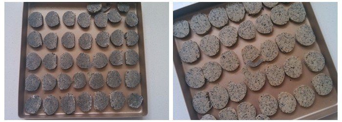Cut into 0.8cm thick slices and place into a baking pan.