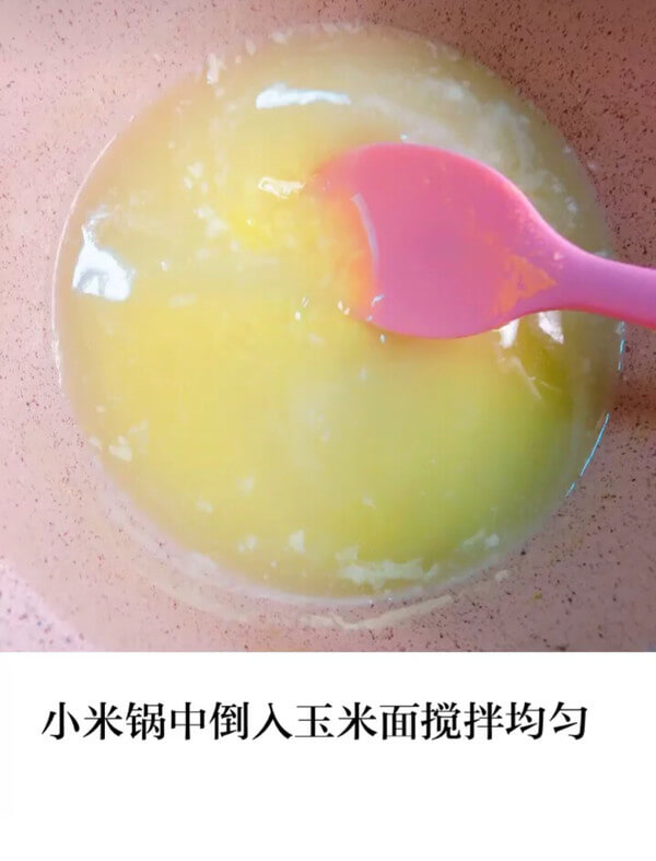 Then pour the cornmeal into the pan and mix well,