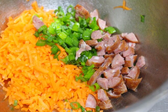 Chopped chives, chopped sausage